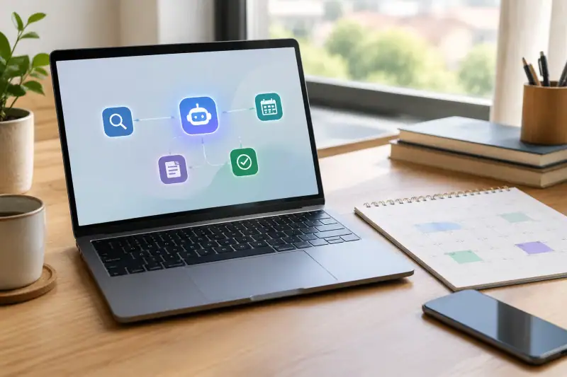 Bir dizüstü bilgisayarın yanında kâğıt takvim ve akıllı telefon; ekrandaki soyut simgeler yapay zekâ ajanının arama ve planlama görevlerini koordine etmesini anlatıyor.