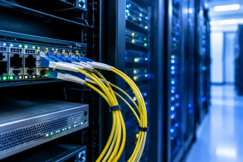 Fiber-optik kablolarla ağ yönlendiricisine bağlanan sunucu rafları