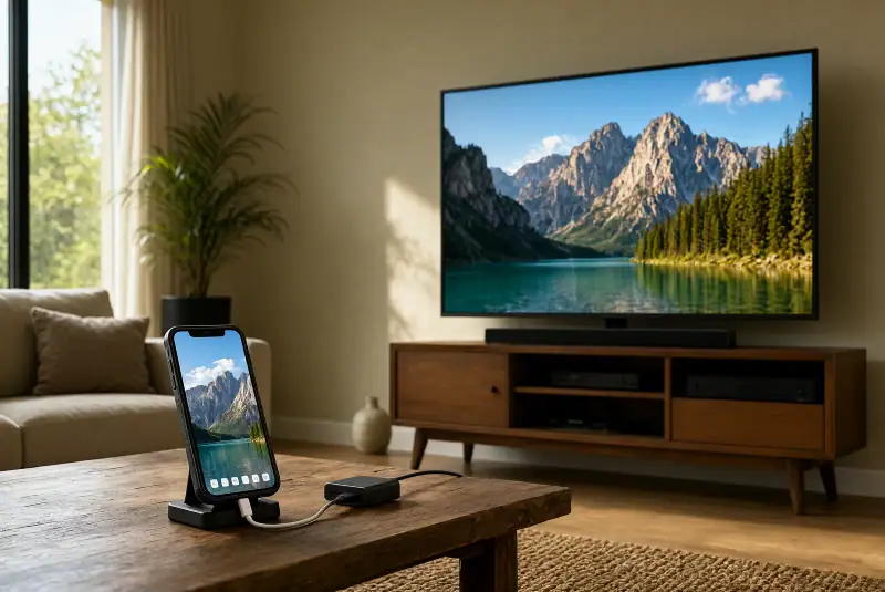 HDMI adaptörü ve kabloyla televizyona bağlanan, ekrandaki manzara görüntüsü TV’ye yansıtılmış bir akıllı telefon