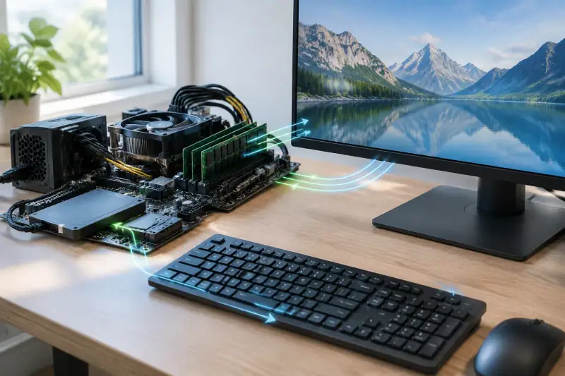 İşlemci, RAM, SSD, ekran ve klavyenin birlikte görüldüğü modern bilgisayar donanımı