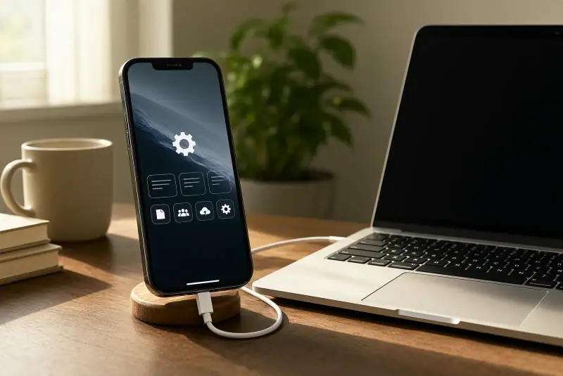 Masa üzerinde, yedekleme için kabloyla dizüstü bilgisayara bağlanmış ve ekranda yazısız ayarlar simgeleri görünen akıllı telefon